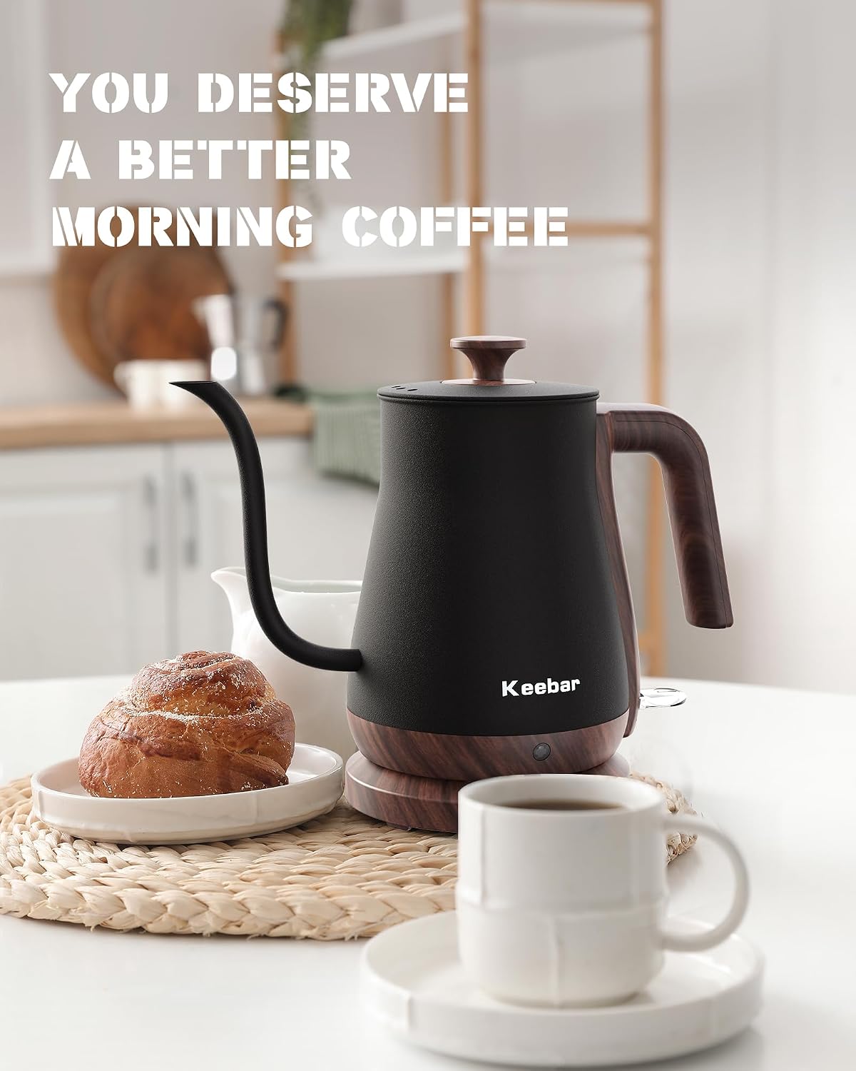 Gooseneck Electric Kettle, 0.8 L, 1000 W, Auto Shut-Off, Light Green | Compact 0.8 L Kettle With Stainless Steel Interior, Gooseneck Pour, Wood-Grain Handle, Auto Shut-Off And Boil-Dry Protection