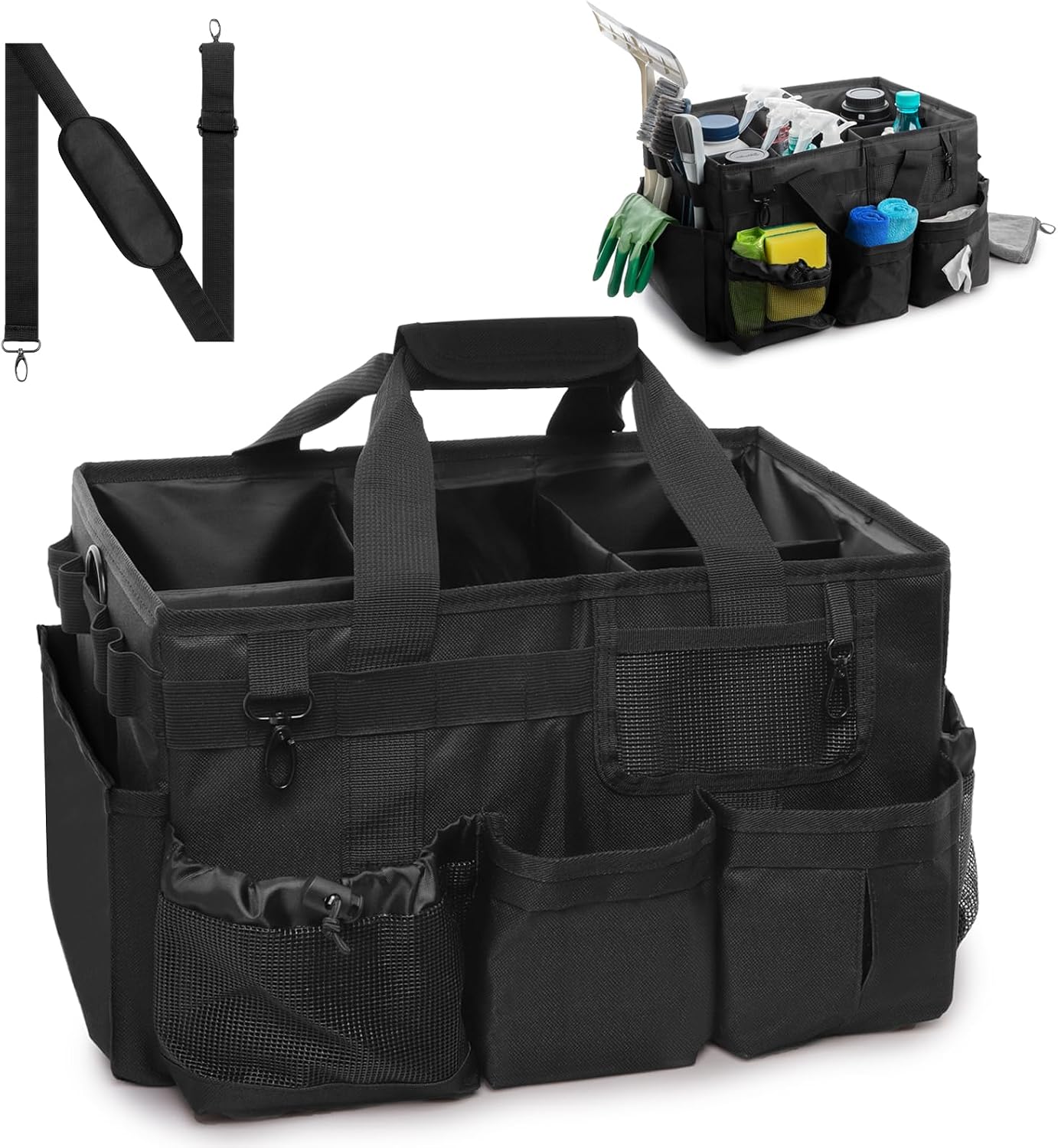 Large Wearable Cleaning Caddy Bags, Cleaning Supplies Organizer with Adjustable Shoulder Straps & Divider, 14 inch Black Tool Bag for Housekeepers & Cleaners