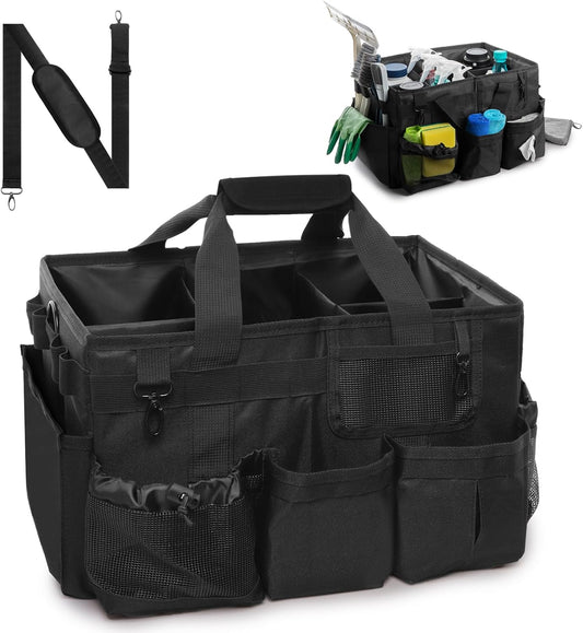 Large Wearable Cleaning Caddy Bags, Cleaning Supplies Organizer with Adjustable Shoulder Straps & Divider, 14 inch Black Tool Bag for Housekeepers & Cleaners
