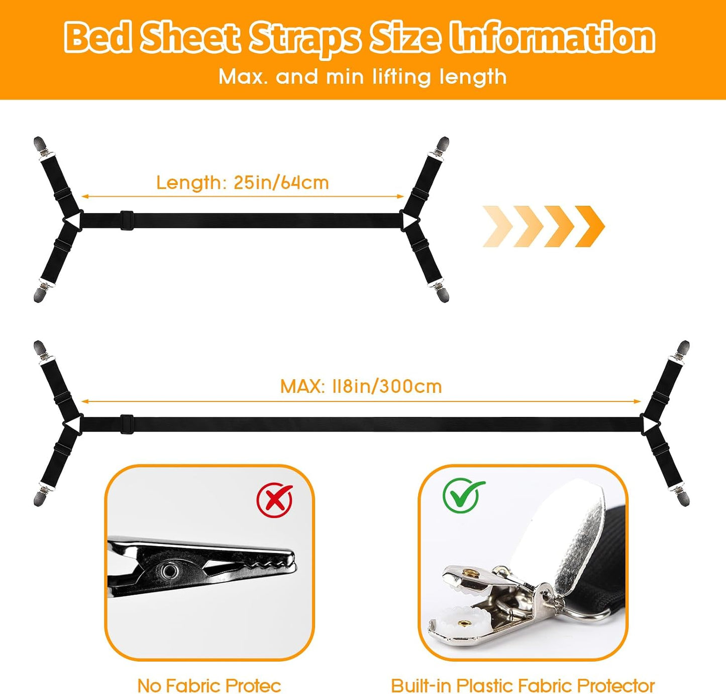 Bed Sheet Straps, 4Pcs Elastic Adjustable Bed Sheet Holder Straps, Fitted Sheet Straps to Hold Sheets in Place with Metal Clips, Sheet Holders for Mattress Cover, Sheet, Sofa Cushion (Black)