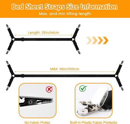 Bed Sheet Straps, 4Pcs Elastic Adjustable Bed Sheet Holder Straps, Fitted Sheet Straps to Hold Sheets in Place with Metal Clips, Sheet Holders for Mattress Cover, Sheet, Sofa Cushion (Black)