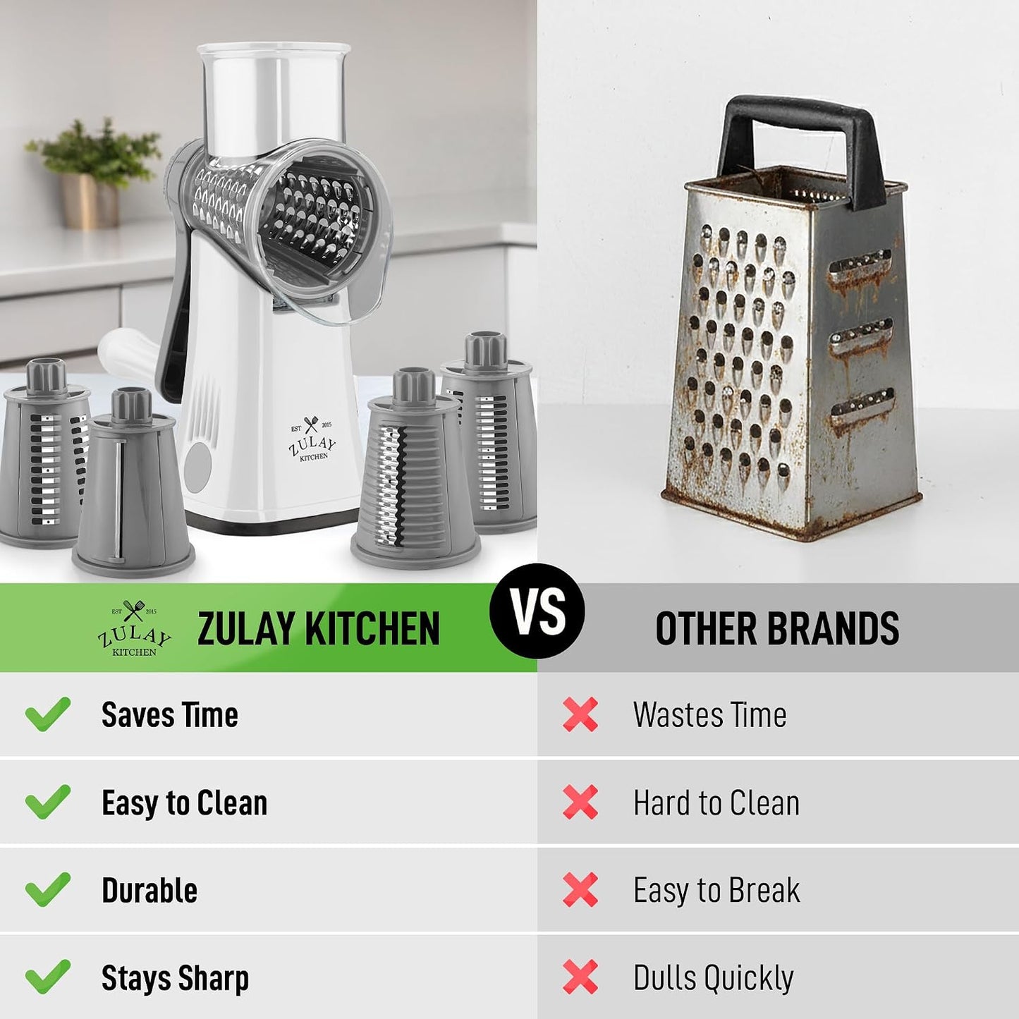 Zulay Kitchen Rotary Cheese Grater 5 Blade Cheese Shredder - Manual Hand Crank Cheese Grater With Reinforced Suction & 5 Interchangeable Drums - Easy to Use, Vegetable Chopper Round Mandoline Slicer - Colors B