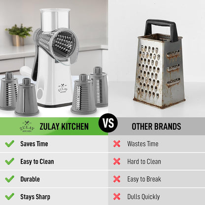 Zulay Kitchen Rotary Cheese Grater 5 Blade Cheese Shredder - Manual Hand Crank Cheese Grater With Reinforced Suction & 5 Interchangeable Drums - Easy to Use, Vegetable Chopper Round Mandoline Slicer - Colors B