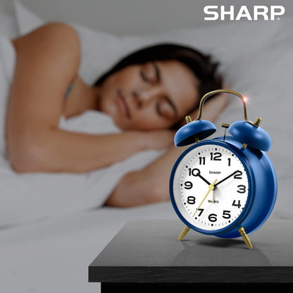 Sharp 4-Inch Twin Bell Alarm Clock for Heavy Sleepers (Matte Navy) | Extra-loud metal bell alarm, quiet quartz movement, press-button backlight, rustic bronze accents, battery operated
