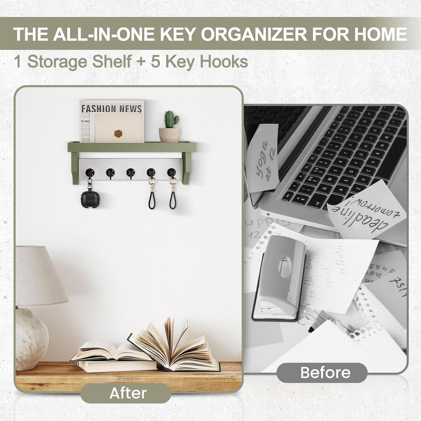 Key and Mail Holder Wall Mount, Mail Organizer with 5 Key Hooks | Key Holder with Shelf, Key Holder for Coat, Dog Leash, Home Decor Rack, Entry Way Organizer