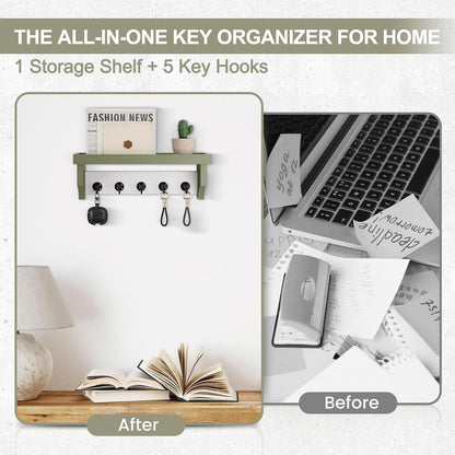 Key and Mail Holder Wall Mount, Mail Organizer with 5 Key Hooks | Key Holder with Shelf, Key Holder for Coat, Dog Leash, Home Decor Rack, Entry Way Organizer