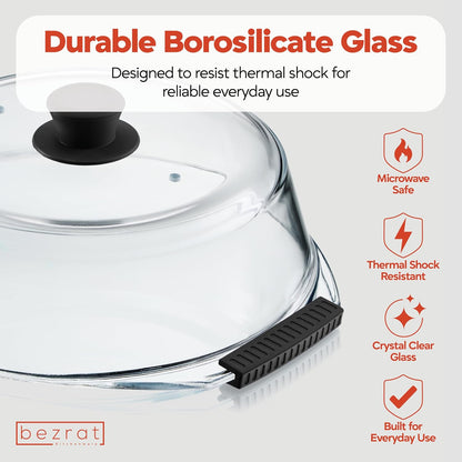 Bezrat Glass Microwave Cover with Silicone Knob and Handles, Splatter Guard Lid, BPA Free, Dishwasher Safe (Black)