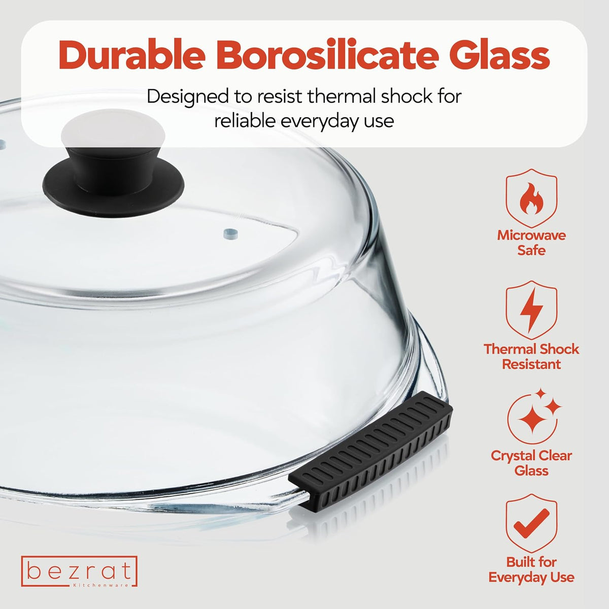 Bezrat Glass Microwave Cover with Silicone Knob and Handles, Splatter Guard Lid, BPA Free, Dishwasher Safe (Black)