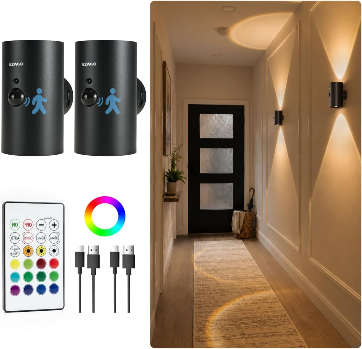 EZVALO Motion Sensor Wall Light, Rechargeable Wireless LED Sconce