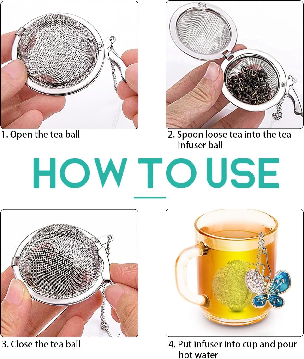Tea Steeper for Loose Tea 2pcs NSTaygate Tea Infuser with Charm Handmade Cute Butterfly BFF Pendant, Tea Strainers for Loose Tea 304 Stainless Steel Tea Ball for Brew Tea