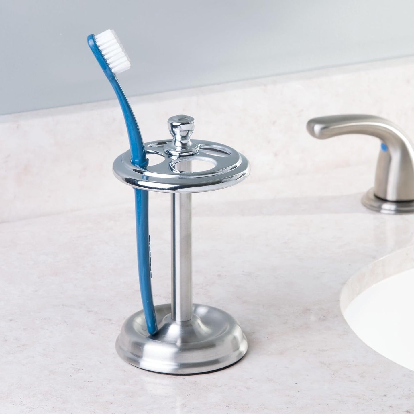 iDesign Steel Divided Toothbrush Holder Stand, 3.25" x 3.25" x 5.75" | Four Divided Compartments, Brushed Nickel & Polished Chrome