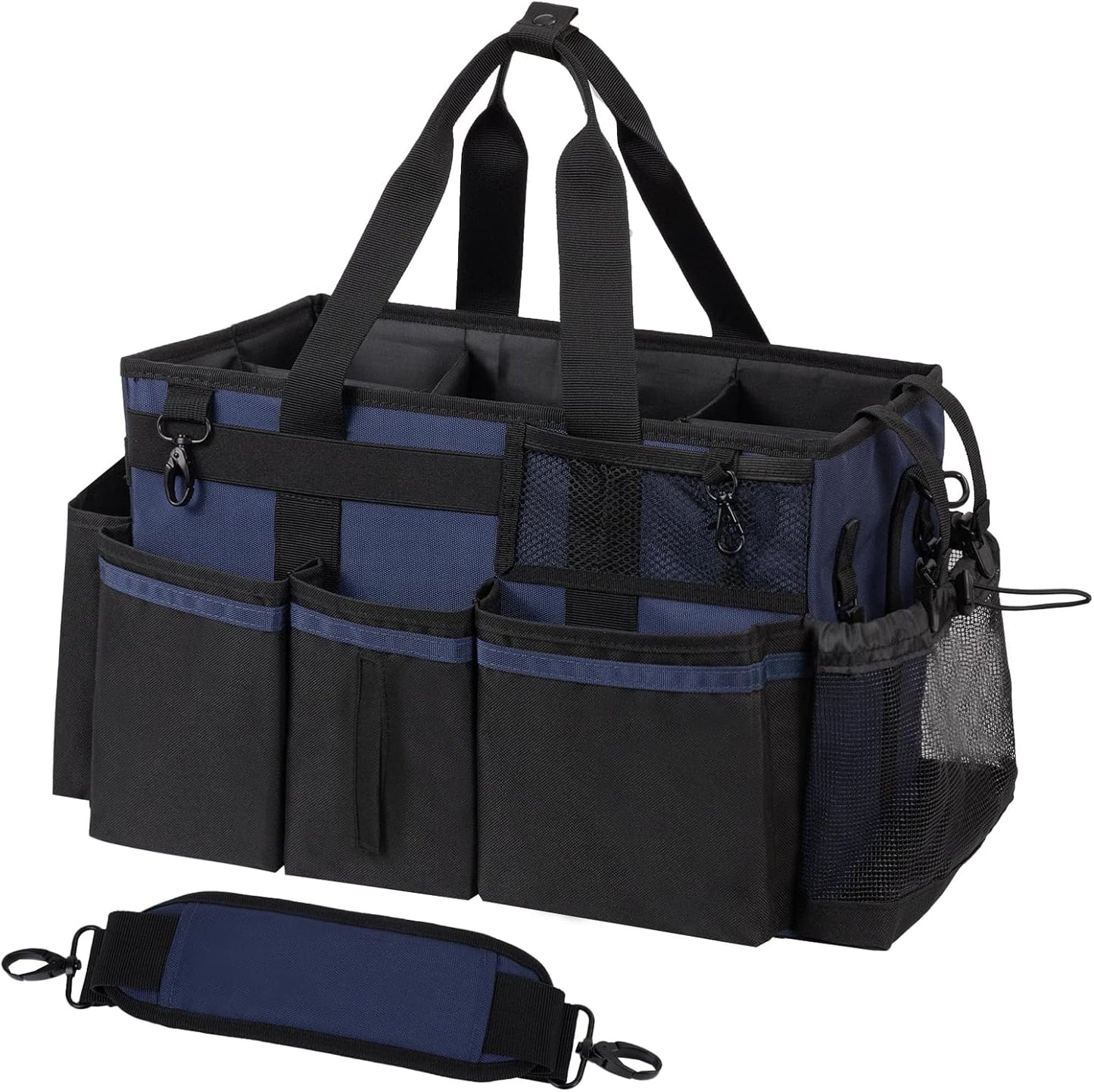 SCAVATA Wearable Cleaning Caddy, Cleaning Caddy Supplies Organizer with Handle & Shoulder Straps for Housekeepers, Under Sink & Car Cleaning Tool Organizers Bag with 4 Foldable Divider (NavyBlue)
