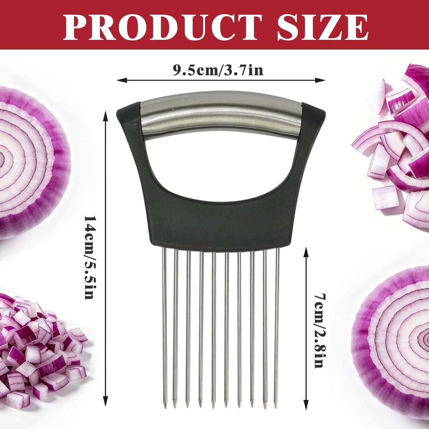 Zoyiancy 2 PCS Stainless Steel Onion Holder, Cutting Tool for Vegetables | Stainless Steel, Protective Cover, Non-Slip Grip, Easy To Wash, Dishwasher, Slices Veggies, Fruit Meat, Onion, Potato, Tomato