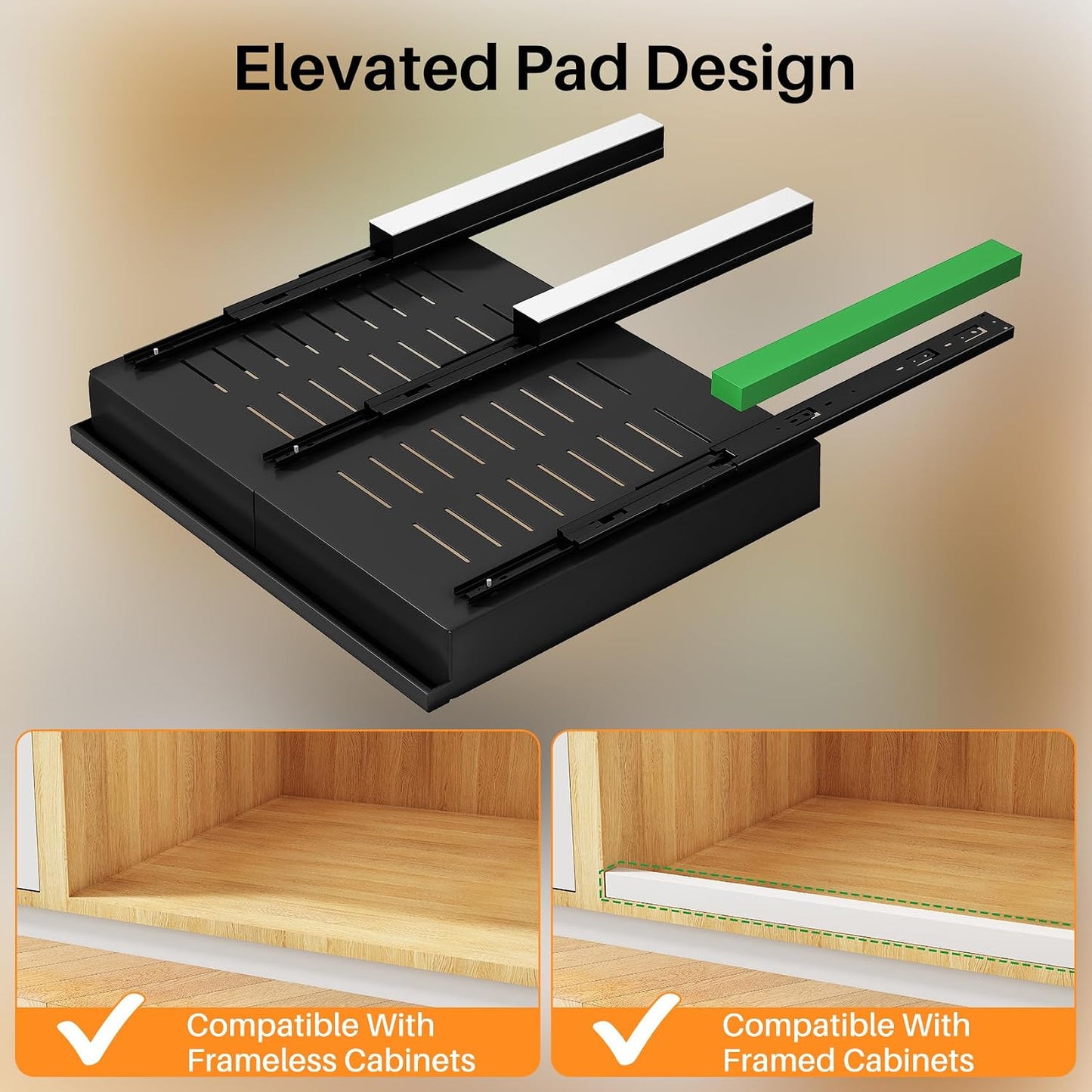 Pull out Cabinet Organizer, 1-Pack Expandable(13.6"-24") Silde out Drawers with Raising Pad for Framed Cabinets, Adjustable Full-Extension Adhesive Roll out Shelves for Kitchen Pantry Home Pot and Pan