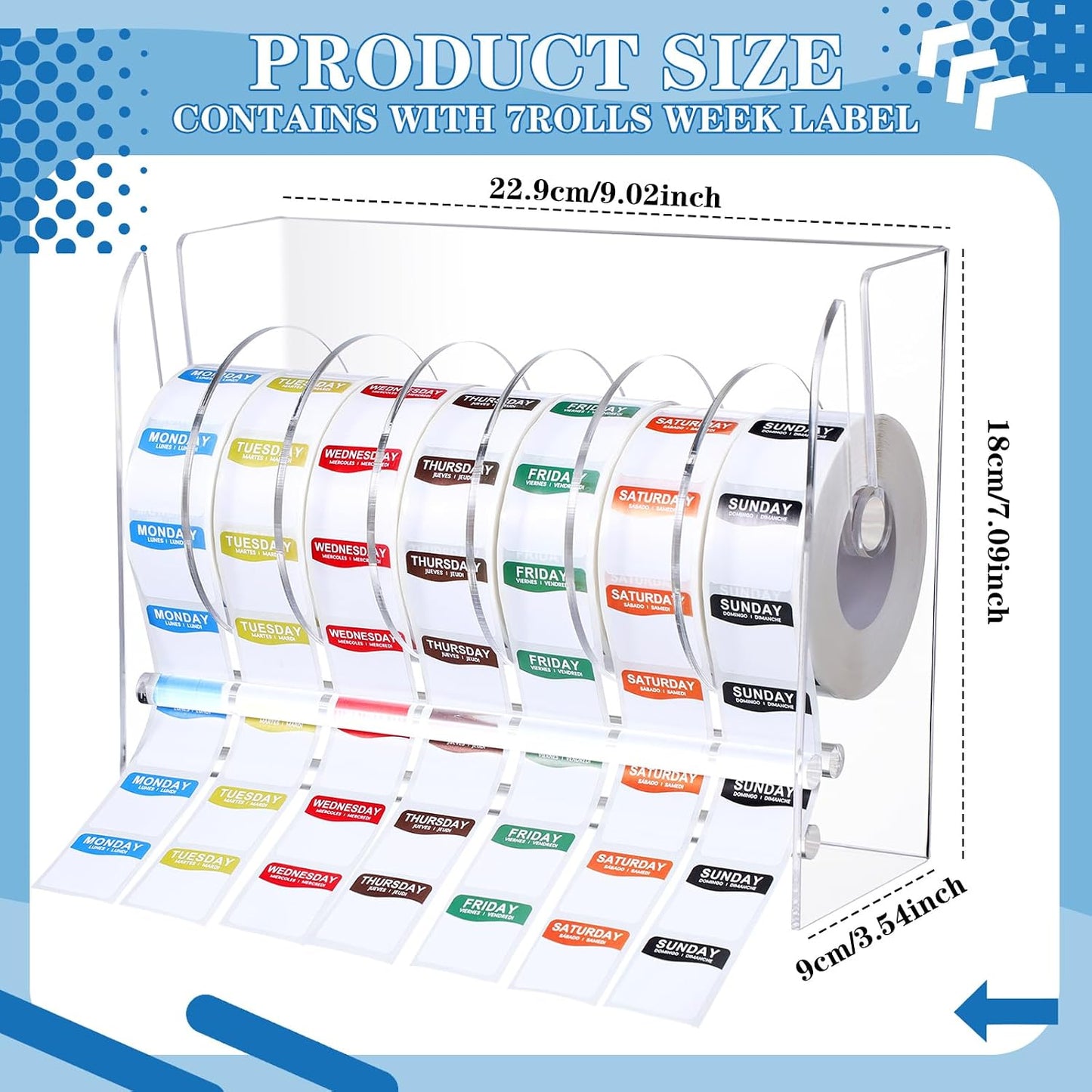 Resurhang 7000 Pcs Day of The Week Labels Food Labels with Adjustable Label Dispenser Monday Through Sunday Management Inventory Stickers Removable Weekly Self Adhesive Date Dot Stickers (Square)
