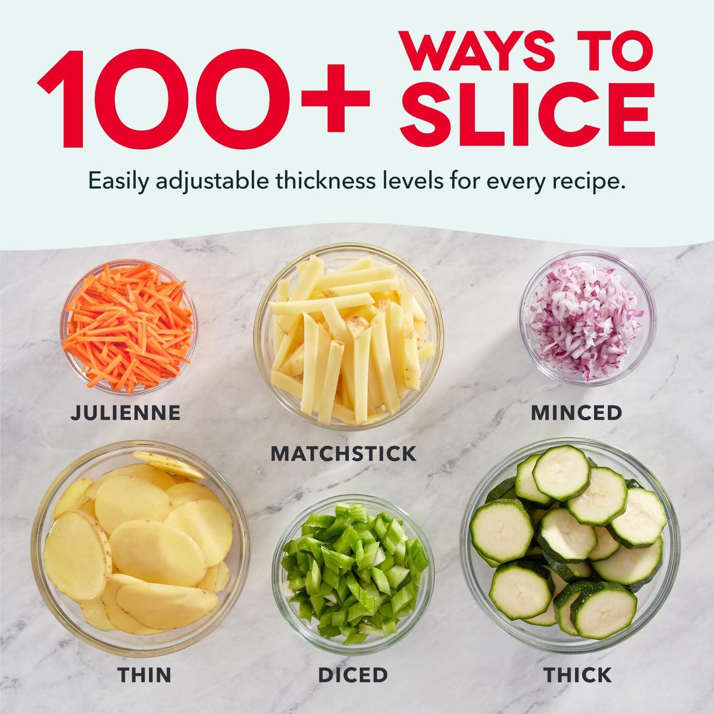 Dash Safe Slice Mandoline Slicer, Adjustable 30+ Combos, Aqua | Vegetable, Potato & Onion slicer, 1-8mm Thickness, Julienne, Matchstick & Dice Cuts, Folds Flat, Stainless Steel Blades