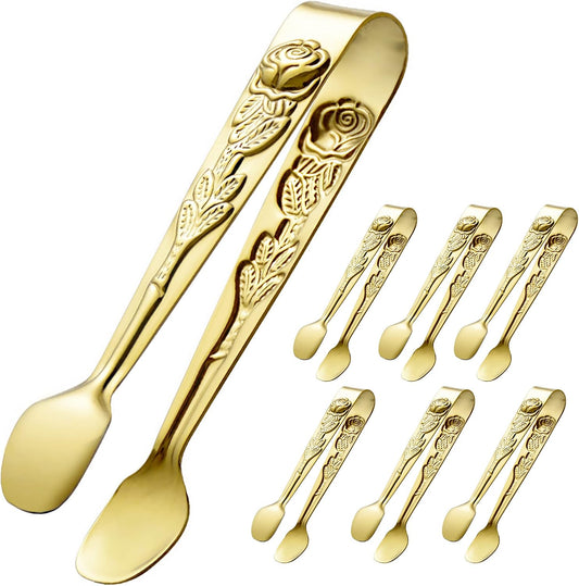 HINMAY 6PCS Mini Serving Tongs 5" Small Rose Appetizer Tongs (Gold) | Tiny Metal Tong for Tea Party, Coffee Bar, Desserts