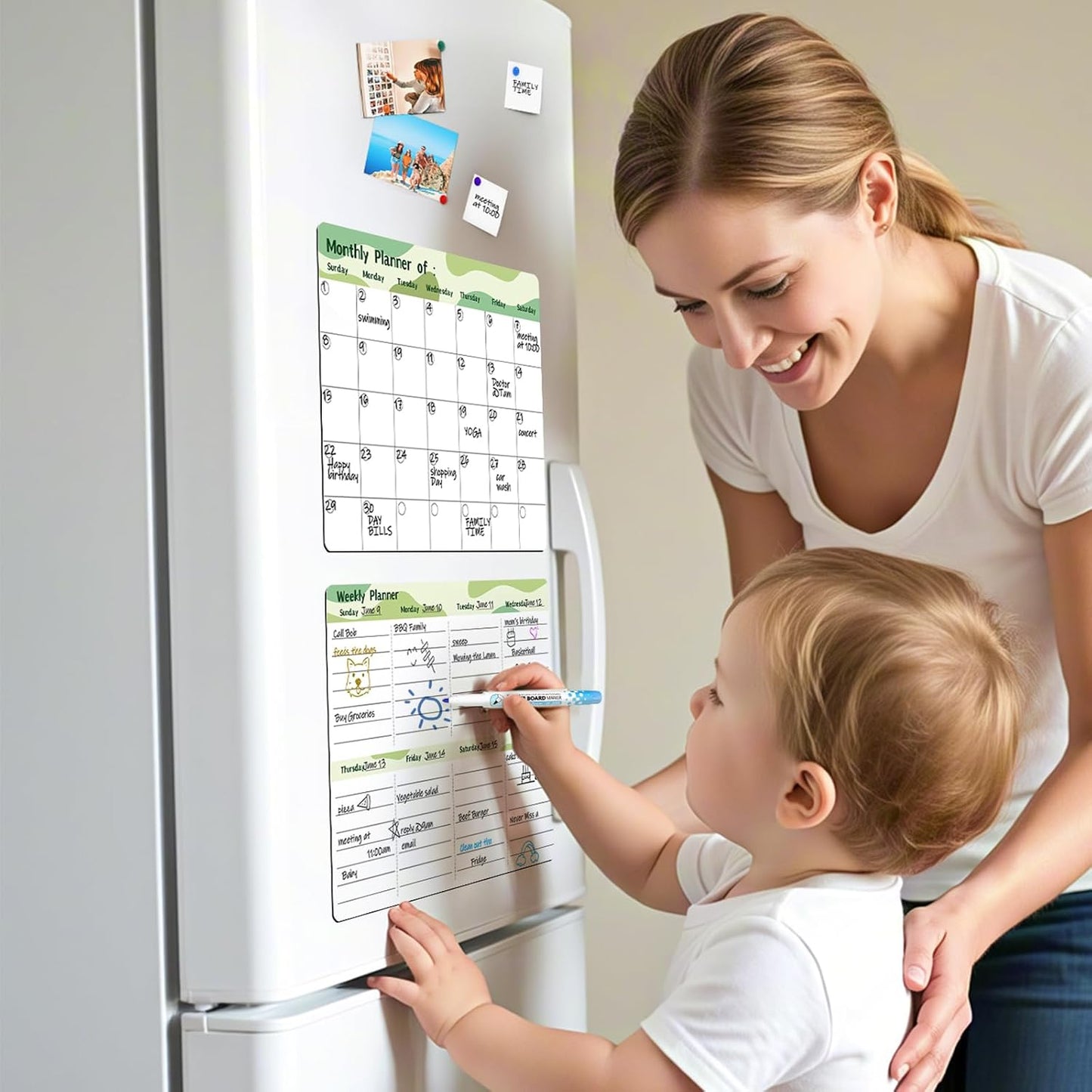 Refrigerator Calendar Magnetic, 16.3x11.7” (4-Pack) – Weekly & Monthly Planner, Chore Chart, Grocery/to-Do List for Fridge, Includes 8 Markers, 6 Magnets & 1 Eraser for Kitchen, Yellow