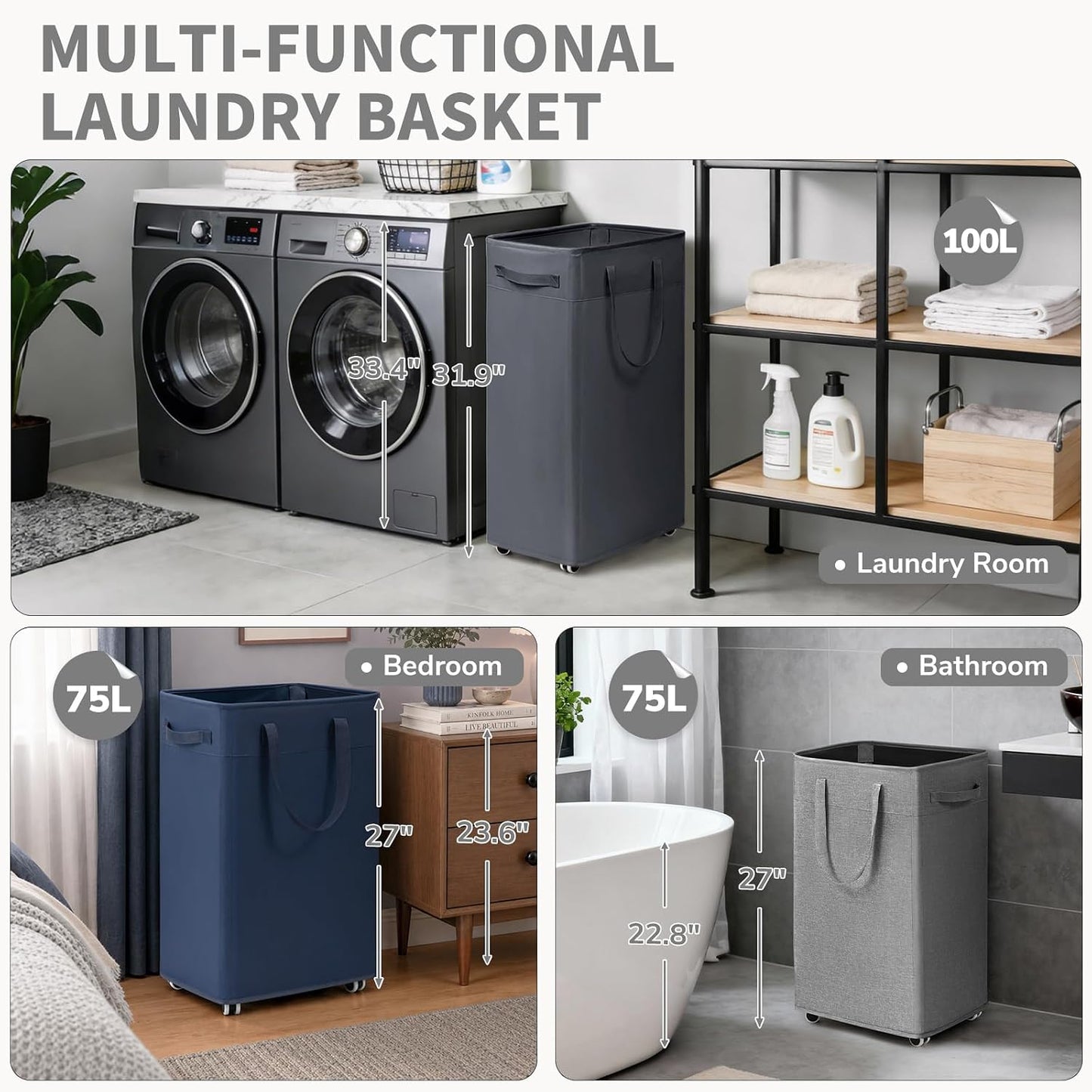 CHICVITA 75L Large Rolling Laundry Basket with Wheels & Wash Bag, Grey | Collapsible design saves space for corner dorms. Removable wash bag for easy laundry transport