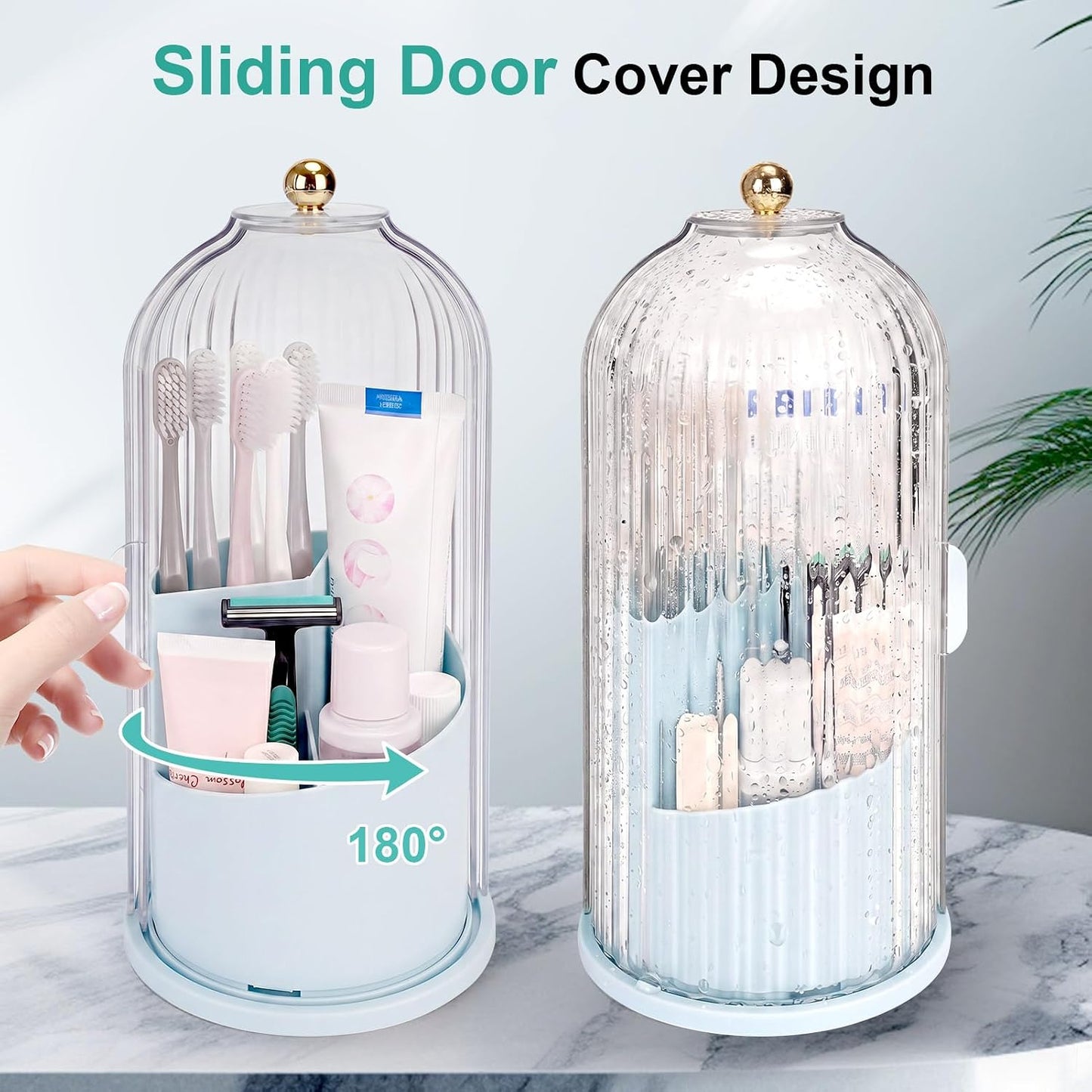 QIYVLOS Toothbrush Holders with Sliding Lid, Rotating 3 Slots Bathroom Organizer Countertop, Tooth Brush Toothpaste Holder Bathroom Counter Stand Sink Organizer Caddy for Vanity Makeup Brushes Holder