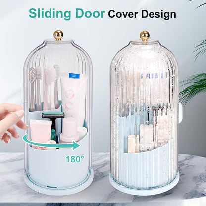 QIYVLOS Toothbrush Holders with Sliding Lid, Rotating 3 Slots Bathroom Organizer Countertop, Tooth Brush Toothpaste Holder Bathroom Counter Stand Sink Organizer Caddy for Vanity Makeup Brushes Holder