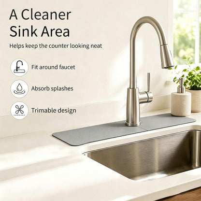 29"L x 5.5"W Customizable Grey Faucet Mat: Quick Dry Extra Absorbent Sink Mat & Bathroom Counter Protector - Freely Custom Cuttable with 2 or 3 Hole Faucet Design - Extra Long Splash Guard Pad