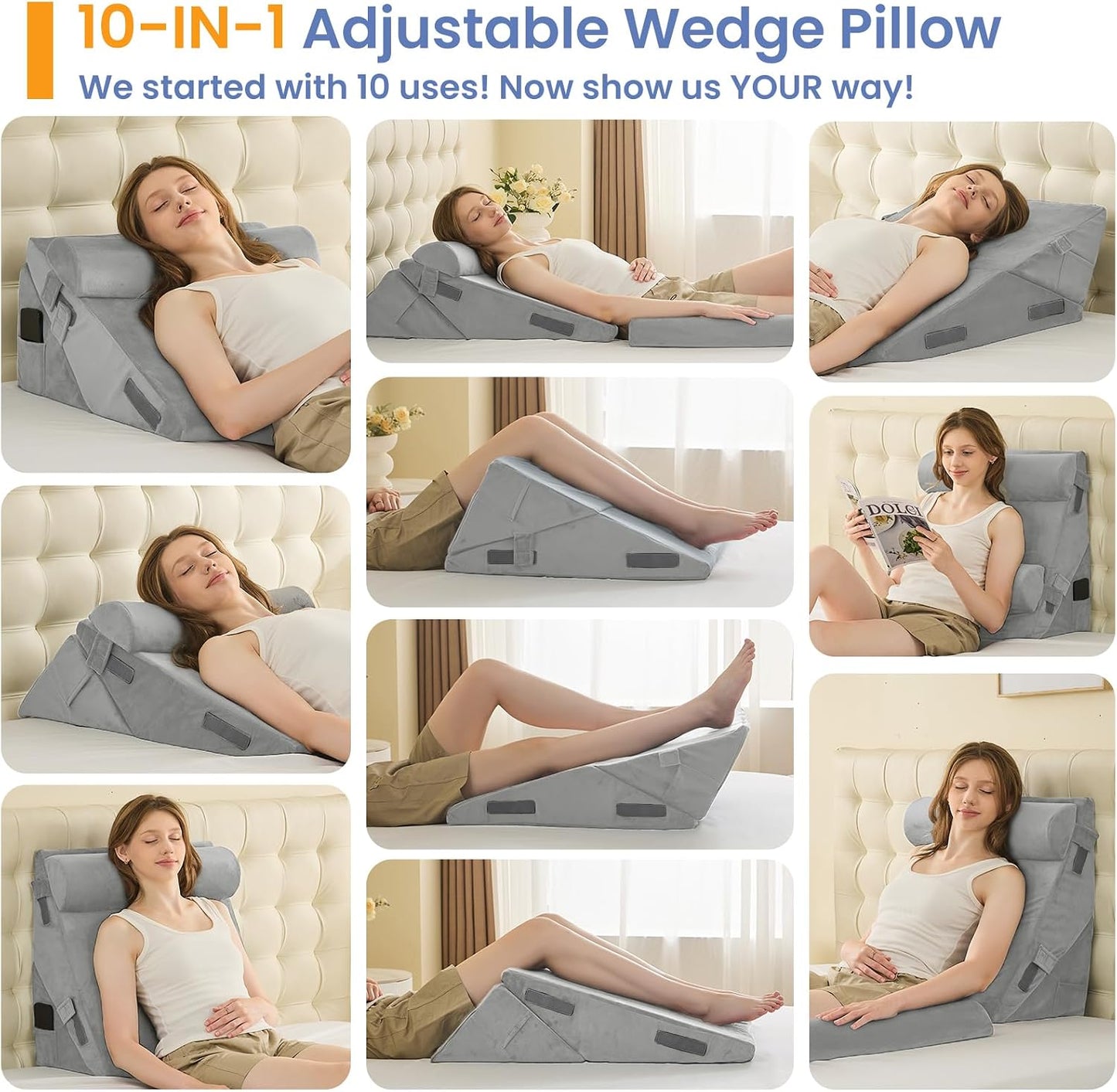 Sasttie Adjustable Wedge Pillow Set for After Surgery, Dark Grey & White | Bed Wedge Pillow Headboard with Memory Foam Neck Cushion, for Acid Reflux, Sleeping, Neck & Back Support