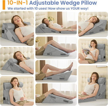 Sasttie Adjustable Wedge Pillow Set for After Surgery, Dark Grey & White | Bed Wedge Pillow Headboard with Memory Foam Neck Cushion, for Acid Reflux, Sleeping, Neck & Back Support