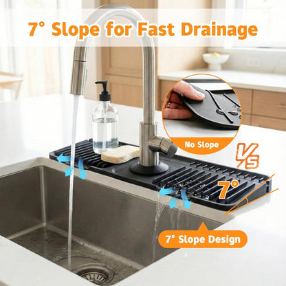 Silicone Faucet Mat for Kitchen Sink, 24" Splash Guard 7° Slope Fast Drain | Adjustable hole cutout for easy install, fits kitchen & bathroom sinks; food-grade silicone, easy to clean, keeps counter dry