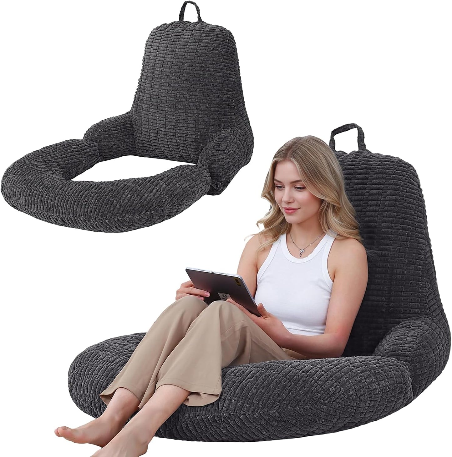 Reading Pillow for Bed, Backrest Pillow with Arms for Adult | Bed Pillow for Sitting Up, Back Support Pillows for Sleeping, Reading and Gaming with Shredded Memory Foam, Gray
