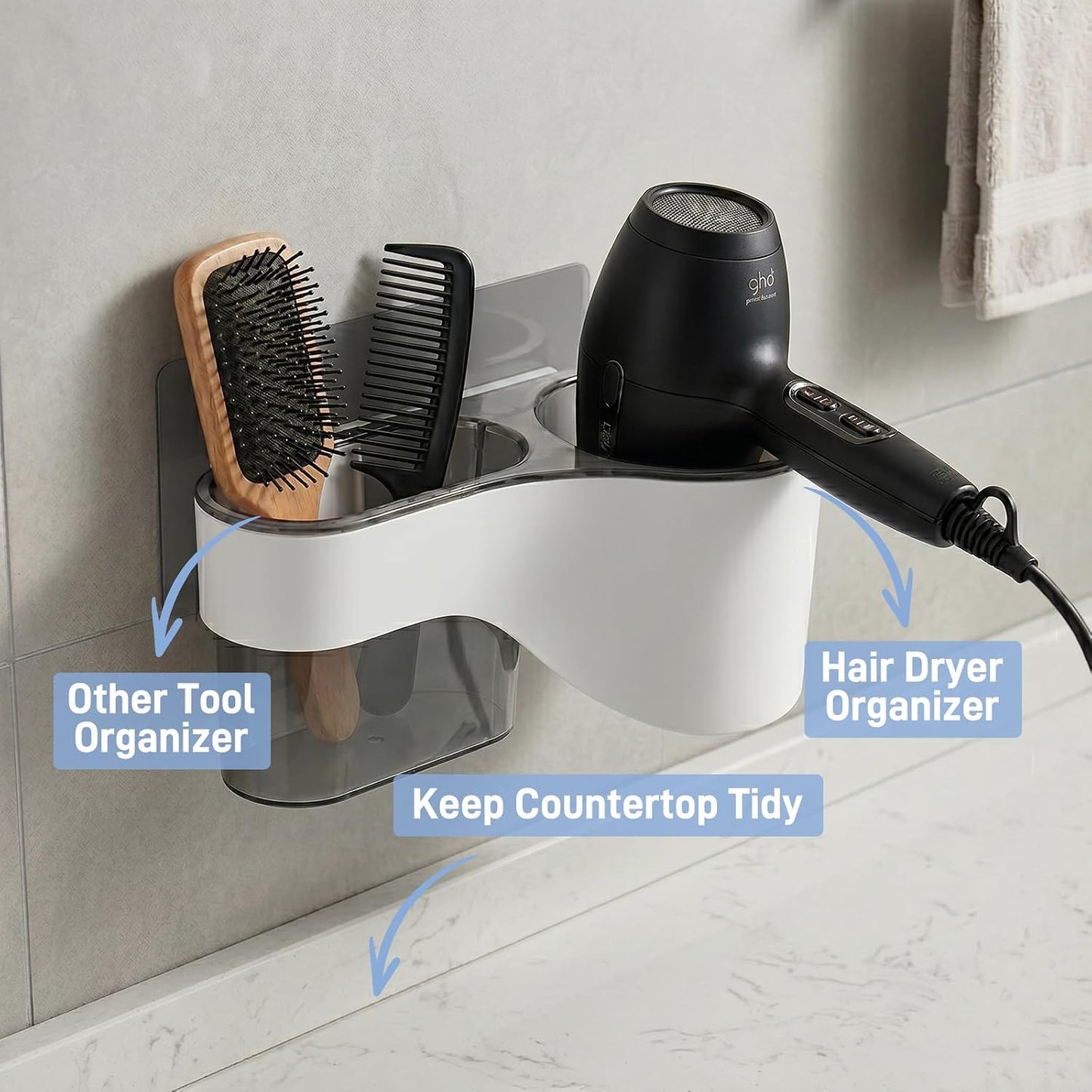 Hair Dryer Holder Wall Mounted, No Drill Hair Dryer Storage | Adhesive multi-compartment organizer: space-saving, durable, easy-clean. Perfect for tidy bathrooms and cabinet doors.