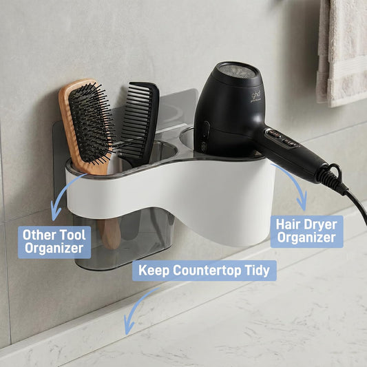 Hair Dryer Holder Wall Mounted, No Drill Hair Dryer Storage | Adhesive multi-compartment organizer: space-saving, durable, easy-clean. Perfect for tidy bathrooms and cabinet doors.