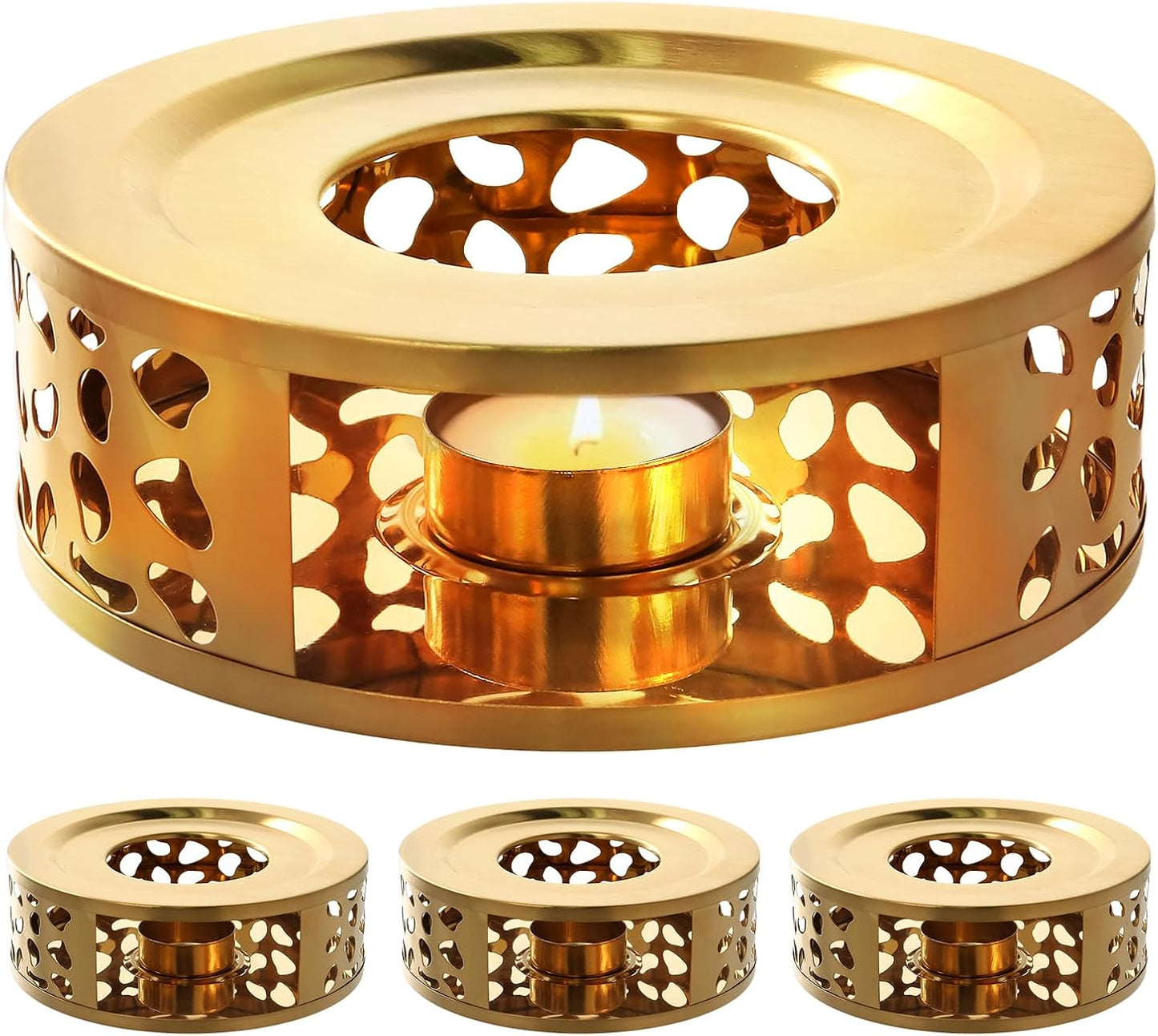 HOIGON 3 PCS Teapot Warmer, Stainless Steel Brushed Tea Pot Warmer Base with Tealight Candle Holder, Teapot Warming Tray, Gold