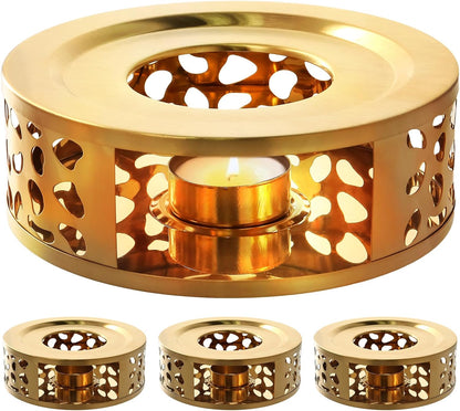 HOIGON 3 PCS Teapot Warmer, Stainless Steel Brushed Tea Pot Warmer Base with Tealight Candle Holder, Teapot Warming Tray, Gold