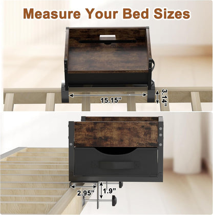 2 Tier Bedside Shelf, Clip on Bedside Caddy Organizer for Dorm Bunk Beds | Floating Nightstand Bed Side Table Storage with Fabric Drawer, Bunk Bed Accessories Bedside Tray for College, Back to School