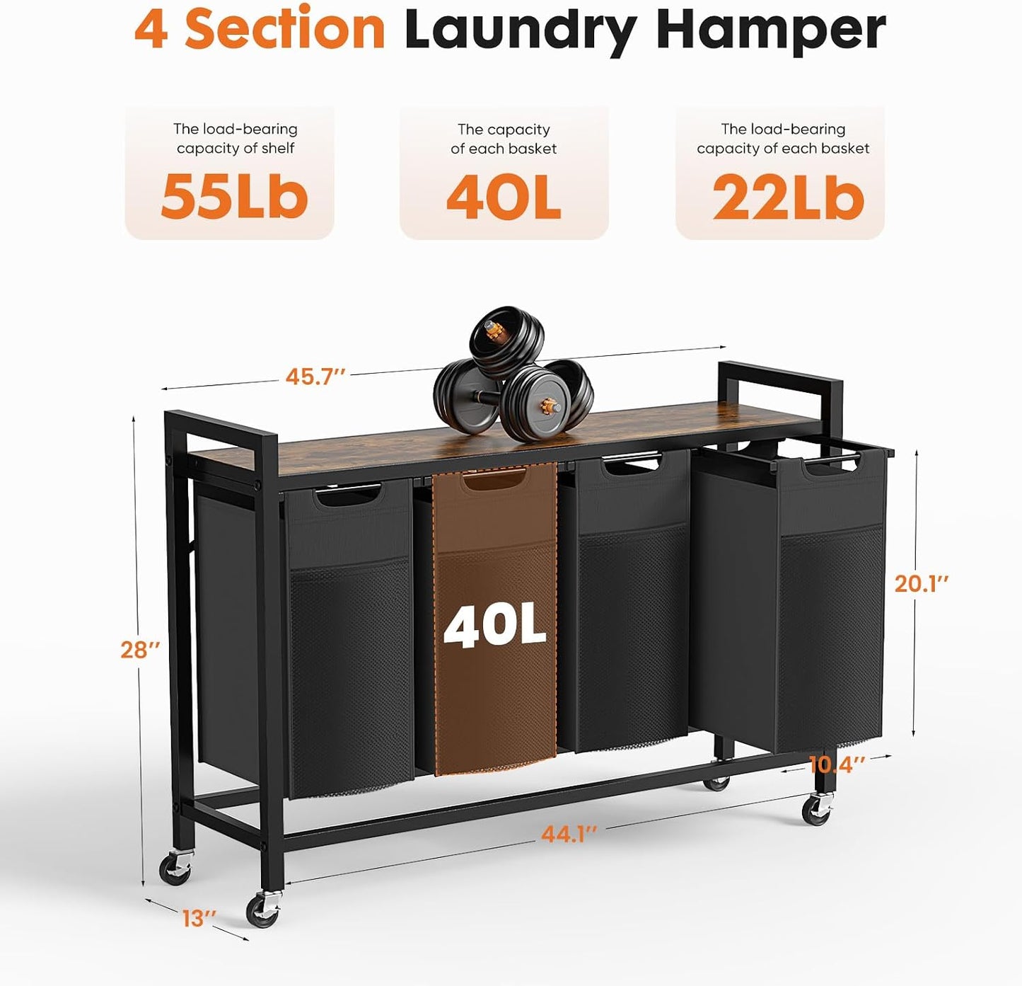 NEWBULIG Laundry Hamper Sorter with Wheels, Rolling Laundry Basket with Shelf & Removable Pull-Out Bag, Dirty Clothes Hamper for Room Organizer, 3 x 10.6 Gal (120L) - Rustic Brown and Black