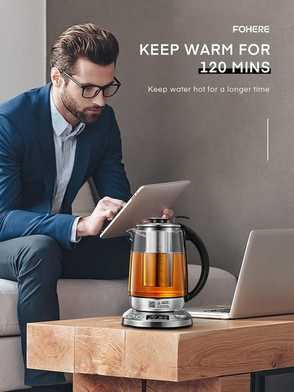 Electric Tea Kettle, 9 Temperature Control Presets Glass Kettle, 1200W Tea Pot with Removable Infuser, 2 Hours Keep Warm, 1.7 Liter Electric Kettles, Borosilicate Glass & Stainless Steel