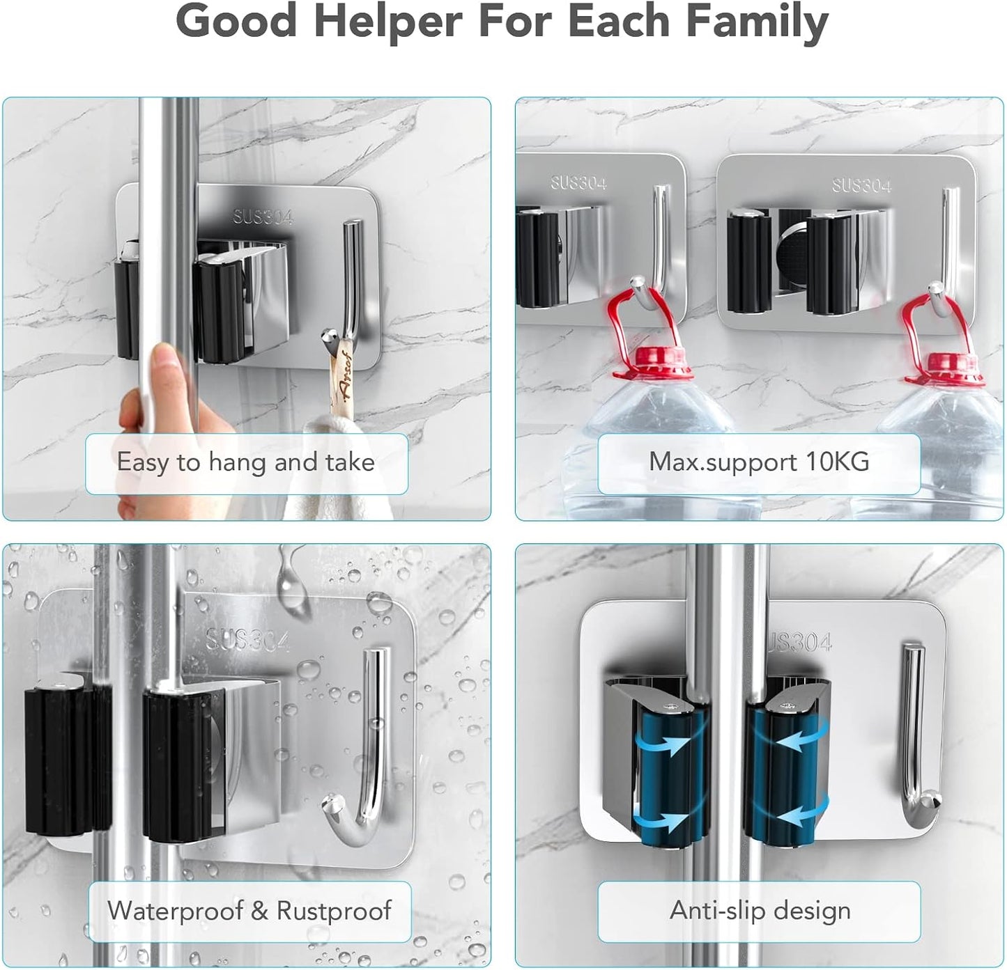homeasy Broom Holder Wall Mount 4Pcs, Self Adhesive Mop Broom Hanger Black | Self adhesive stainless steel broom organizer with 4 hooks, holds mops, brooms and garden tools without drilling
