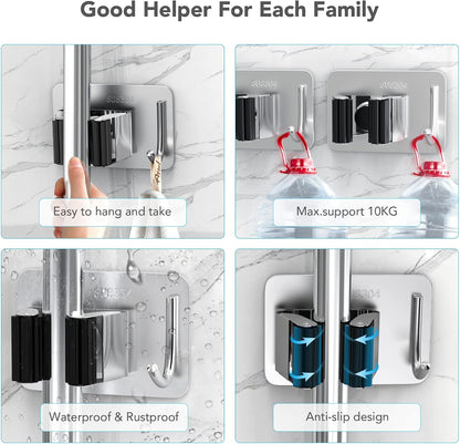 homeasy Broom Holder Wall Mount 4Pcs, Self Adhesive Mop Broom Hanger Black | Self adhesive stainless steel broom organizer with 4 hooks, holds mops, brooms and garden tools without drilling