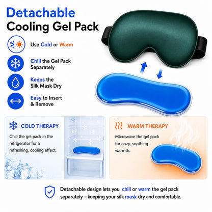 Silk Sleep Mask with Cooling Gel | Pure Mulberry Silk, Adjustable Strap, Superior Light Blocking, Includes Removable Ice Pack & Earplugs