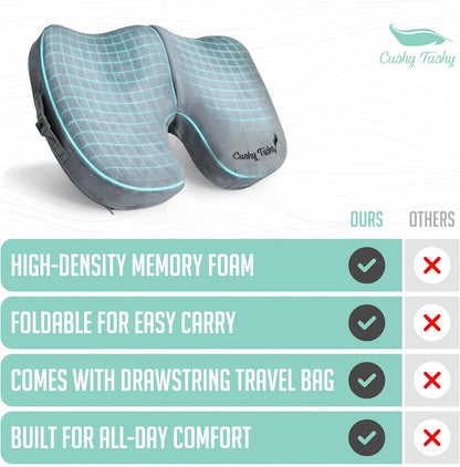 Cushy Tushy Premium Foldable Travel Seat Cushion - for Relief of Lower Back, Sciatic, Butt and Tailbone Pain - for Home & Office Use, Perfect for Travel or Driving - Coccyx Seat Cushion