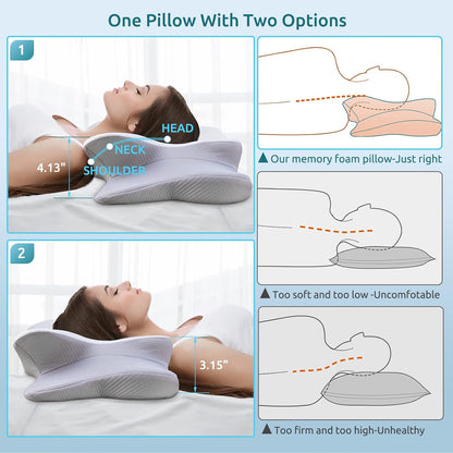 DONAMA Contour Cervical Neck Pillow for Neck Pain Relief | Queen,Ergonomic Dual-Height,Odorless Memory Foam,Side/Back/Stomach Sleepers,Cooling Hypoallergenic Cover,OEKO-TEX Certified