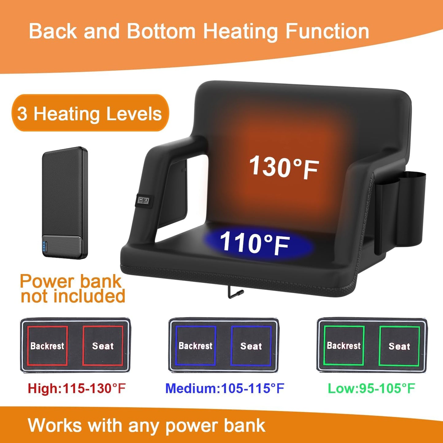 Heated Stadium Seats for Bleachers, Portable Reclining Stadium Chair with Back Support and Arm Support,3 Heating Level - Perfect for Outdoor Sports