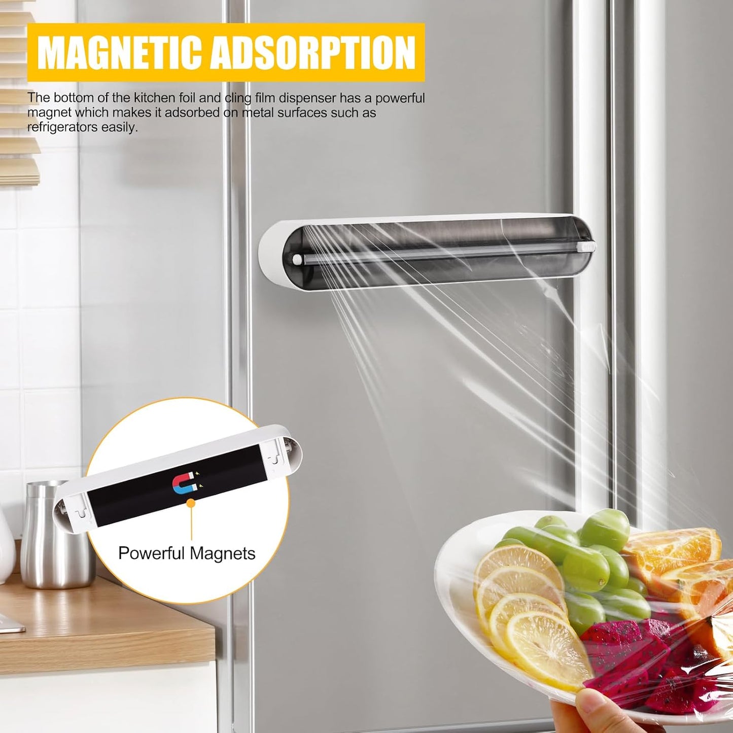 Aluminum Foil & Plastic Wrap Dispenser with Slide Cutter - Magnetic & No-Drill Wall Mount, Cling Film Dispenser for Worktops & Cabinets, Space-Saving Kitchen Organizer - Fits 12" Rolls, White