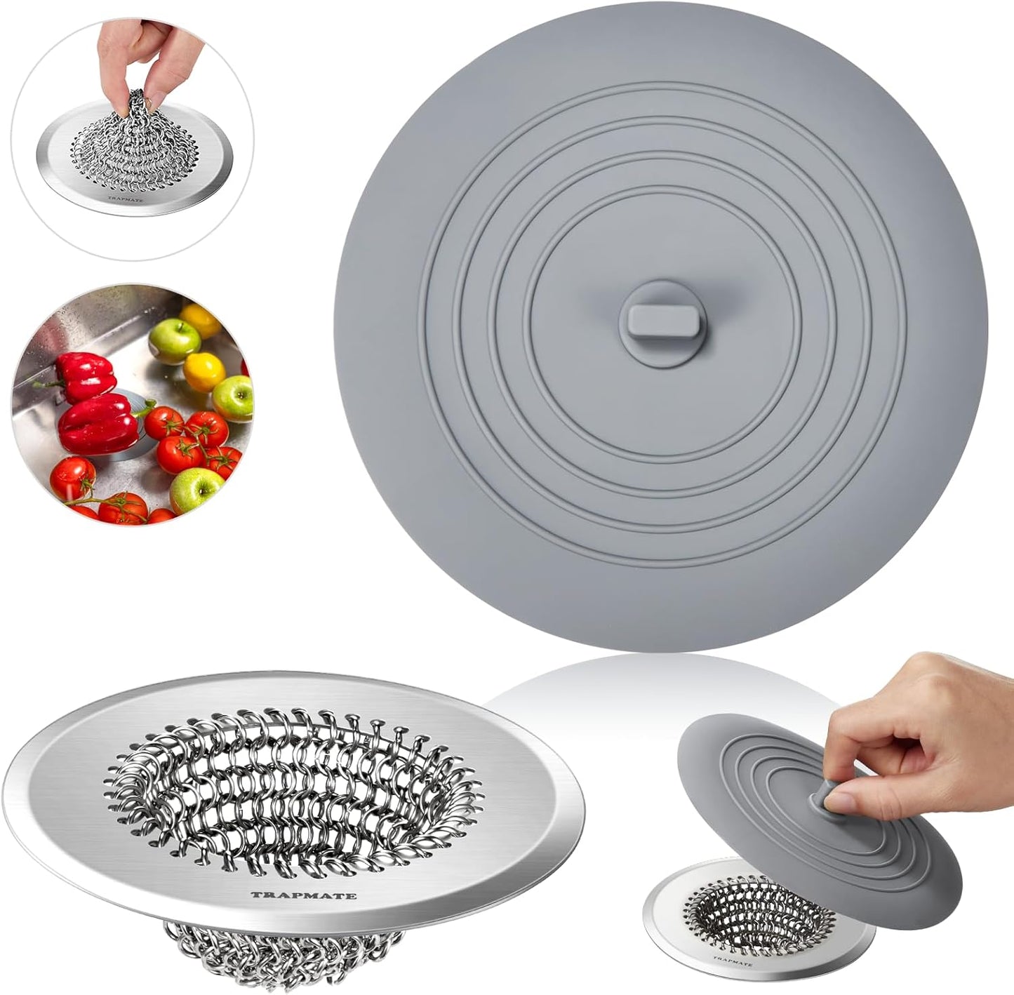 Reversible Kitchen Sink Drain Strainer Basket, Fits Sink & Garbage Disposal | Fast Drainage, Anti-Slip, Easy Clean, Anti-Clogging, Rust-Proof, Large Capacity, Universal 4.4-Inch, Patented Chain Mesh