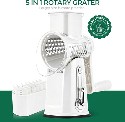 SUSTEAS Rotary Cheese Grater 5 Blades,Kitchen Mandoline Vegetable Slicer | White, Easy to Clean, Strong Suction Base, 5 Blades Storage Box, Round Mandoline Slicer & Food Chopper for Salad