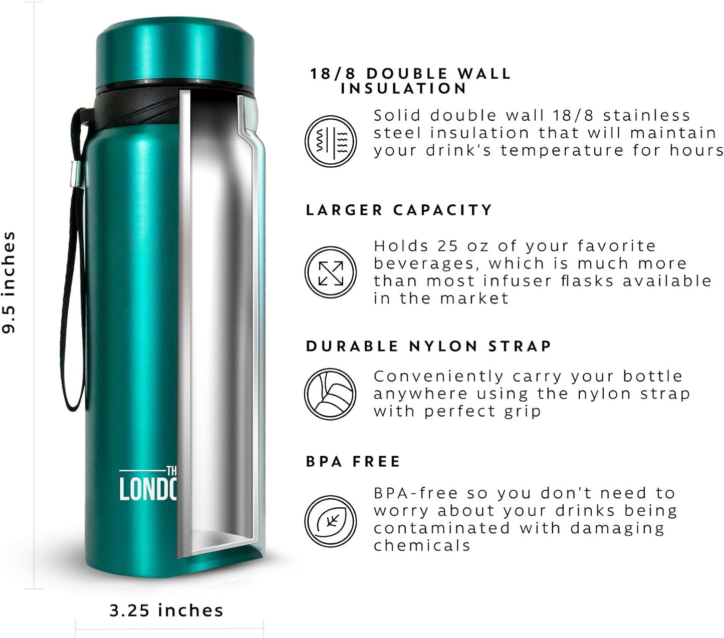 London Sip 25 oz Multi-Function Travel Mug and Tumbler Tea Infuser Water Bottle Fruit Infuser Flask Hot and Cold Double Wall Stainless Steel Coffee Thermos, Zen Black