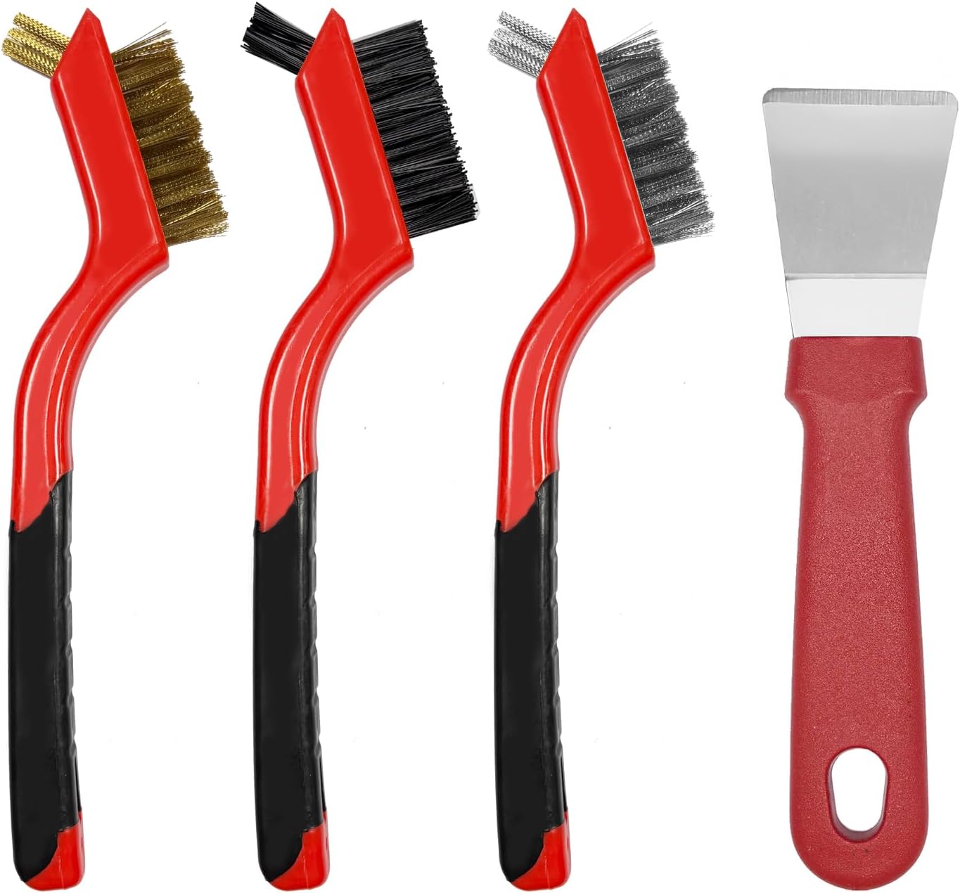 4 Pcs Kitchen Stove Cleaning Brush Set Brass Wire Brushes for Range Hood Grease Grime Heavy Duty Stainless Steel Brushes and Scraper for Gas Burners Cooktop Pot Pan