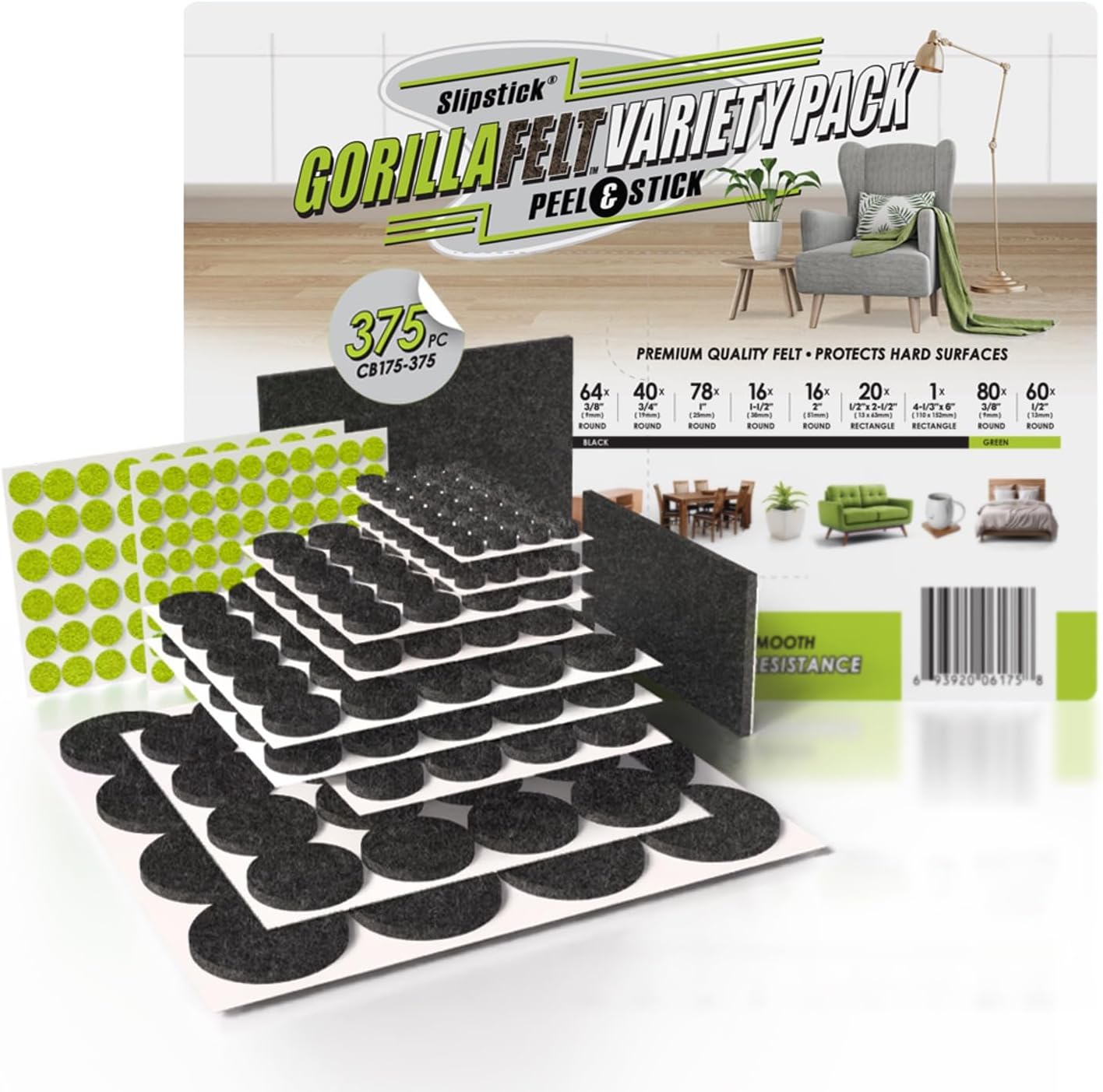 Slipstick Gorilla Felt Furniture Pads (189 Piece Variety Pack) Premium Furniture Pads & Chair Leg Floor Protectors for Hardwood Floors & Hard Surfaces