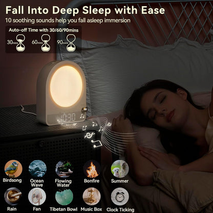 Vivilumens Gradual Sunrise Alarm Clock & White Noise Sound Machine for Better Sleep - Wood Grain Design, Wake-Up Light, Night Light, 10 Natural Sounds, Dual Alarms for Heavy Sleepers